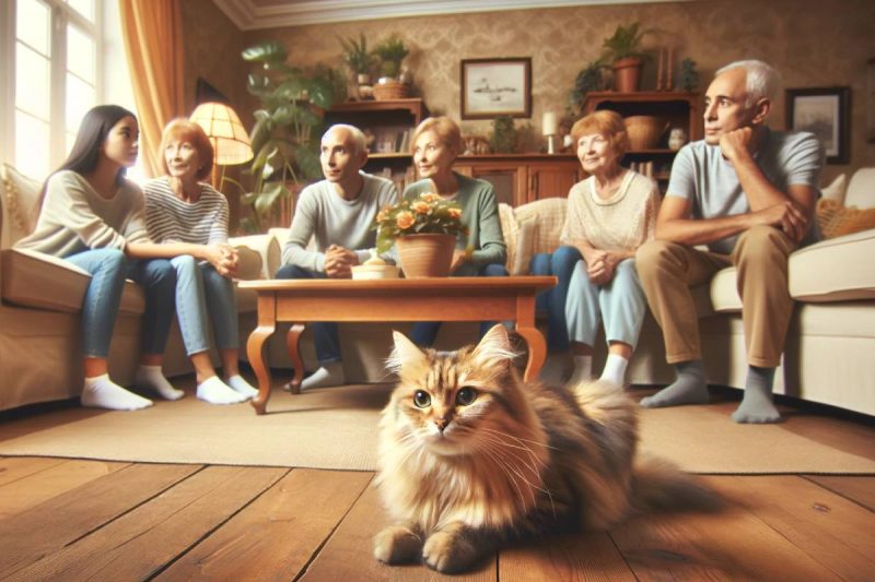 En la imagen, se ve un gato en el salón de un hogar, rodeado por una familia que lo mira con preocupación porque el gato está a punto de echar una bola de pelo.