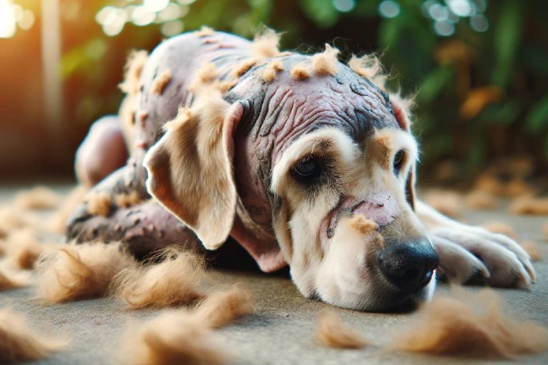 Un perro sufriendo de caída de pelo en un entorno exterior, con mechones de pelo visibles en el suelo alrededor del perro, destacando la condición de caída de pelo en perros.
