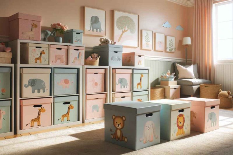 Una habitación con cajas de almacenaje con motivos de animales para bebés.