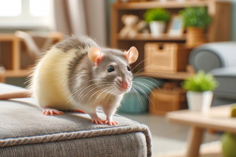 Una rata doméstica feliz en el salón del hogar subda en el sofá porque su dueño sabe cómo cuidar a una rata.