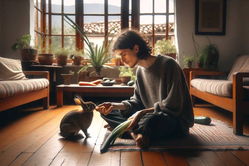 Un hombre en el salón de su casa educando a un conejo y generando un vínculo para mejorar la convivencia.