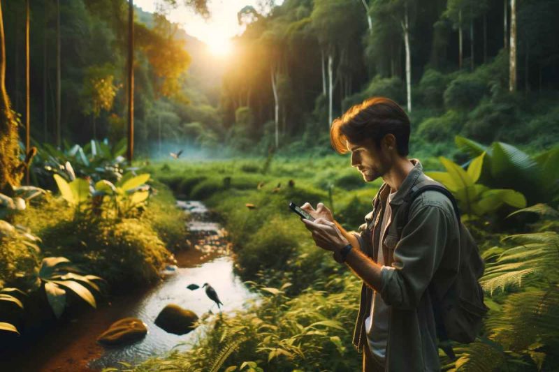 Una persona grabando con su móvil sonidos de la naturaleza.