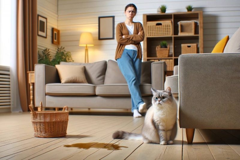 Un gato se ha hecho pis encima del sofá y una persona mira con cara de enfado por ver cómo eliminar el olor a orina del sofá de su casa.