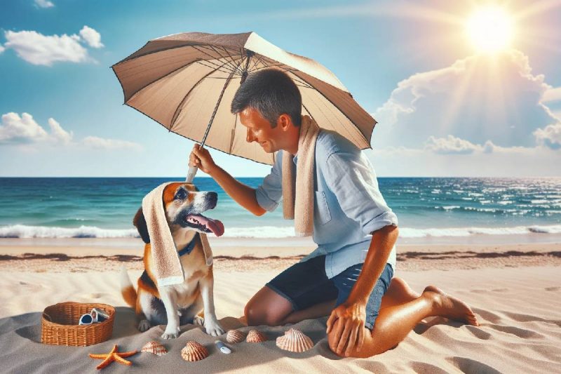 Un perro y un hombre en la playa donde el hombre está tapando al perro con una sombrilla para refrescarle en un verano caluroso.
