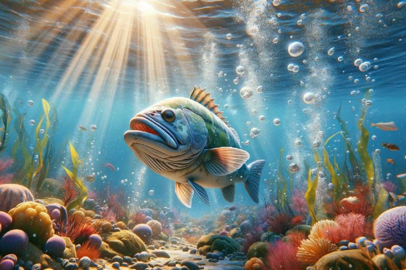 La imagen muestra un pez bajo el mar, respirando con sus branquias visibles, rodeado de un ambiente submarino vibrante con corales coloridos, algas, y pequeñas formas de vida marina. Rayos de sol se filtran a través del agua, iluminando la escena y destacando la belleza del océano.