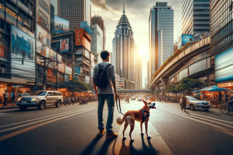 Un hombre paseando a un perro por la gran ciudad en sus rutinas de paseo diaria con su perro.