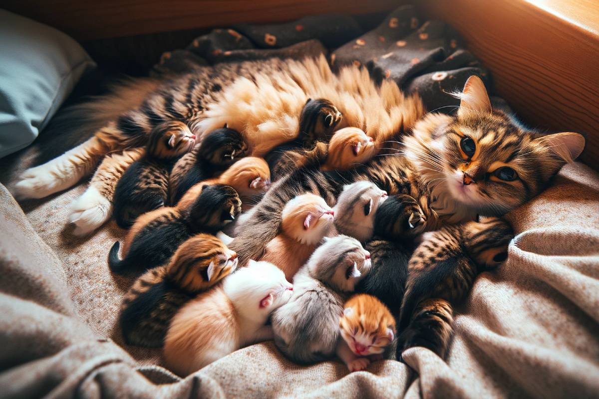 Una gata que acaba de dar a luz a sus gatitos y se encuentran descansando en la cama.