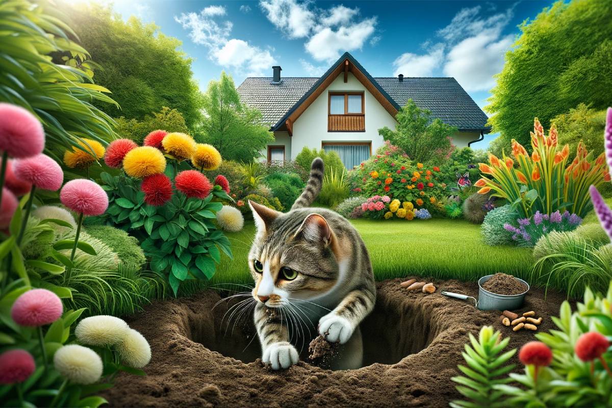 Un gato enterrando su comida en un jardín ilustrando las posibles causas de su conducta.