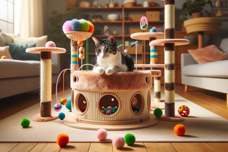 Varios gatos interactúan con juegos inteligentes para gatos, incluyendo una torre de juego Catit Senses, un tablero Trixie 5-en-1, y una pelota dispensadora de golosinas en un ambiente doméstico.