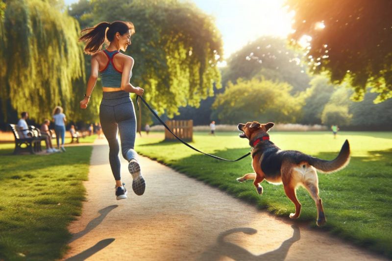 Una mujer haciendo running con su perro, su fiel amigo, sabiendo que una de los mejores razas de perro para correr.