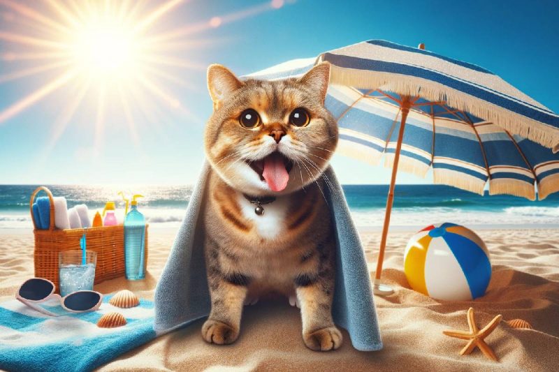 Un gato busca alivio del calor bajo una sombrilla en la playa, reflejando el desafío del calor para los gatos en verano. La imagen captura su búsqueda de sombra y frescura en un día soleado y caluroso.