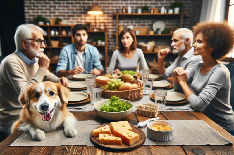 Una familia en el salón de su hogar a la hora de la comida y con preocupación porque su perro está comiendo queso.