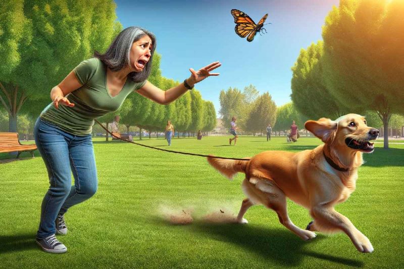 Una persona detrás de su perro porque es muy desobediente y está persiguiendo una mariposa.